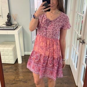 Blue Boheme Dolly Printed Patchwork Tiered Mixed Pattern Casual Mini Dress S/M